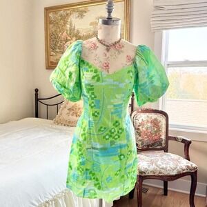 Designer modern green abstract linen‎ mini dress Rhode dali style size 2